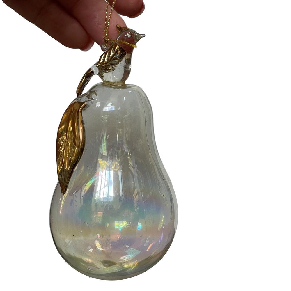 Partridge In A Pear Tree Ornament Vtg Roman Inc Iridescent Blown Glass Gold Trim
